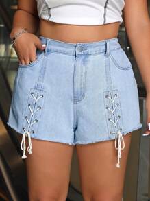 SHEIN EZwear Fashionable Plus Size Women Denim Shorts With Drawstring Design - Blue - View 4