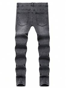 Manfinity LEGND 男士洗水磨損修身牛仔褲，帶斜口袋，街頭時尚百搭 - 黑色 - 查看 2