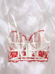 Ladies" Floral Embroidered Mesh See-Through Bra With Hollow Back Lingerie UnderwearOuter - Red - View 2