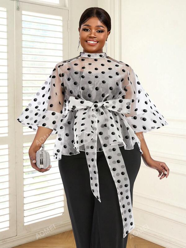 Plus Size Women Polka Dot Print Belted Mesh Tops Without Bra