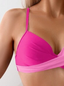 SHEIN Swim 女士夏季海灘顏色拼接十字摺褶比基尼套裝 - 粉色 - 查看 3