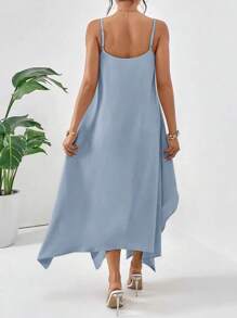 SHEIN Essnce Summer Solid Color Spaghetti Strap Asymmetrical Hem Cami Dress, Pastel Dresses For Women - Baby Blue - View 2