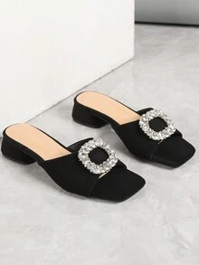 Wide Fit Women Summer New Simple Style Rhinestone Decorated Fat Block Heel Faux Velvet Slip-On Mule Sandals - Black - View 2