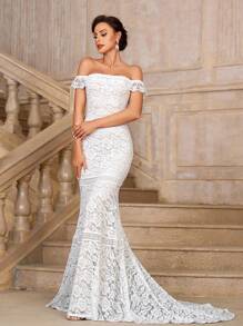 SHEIN Belle Élégante et superbe robe de mariée sirène blanche épaule nue avec incrustation de dentelle époustouflante et longue traîne - Beige - Voir 6