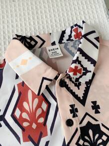 SHEIN Baby Boys Red And White Checkered Summer Boho Vacation Holiday Shirt And Shorts Set,Geometric Patchwork Turn-Down Collar Dropped Shoulder Loose Fit - Multicolor - View 2