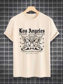 Manfinity EMRG Men's Angel Printed Round Neck T-Shirt With Slogan - Apricot - View 4