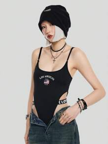 SHEIN Coolane 美國國旗和字母圖案高衩吊帶連體衣