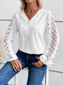 SHEIN LUNE Guipure Lace Insert Lantern Sleeve Blouse - White - View 5