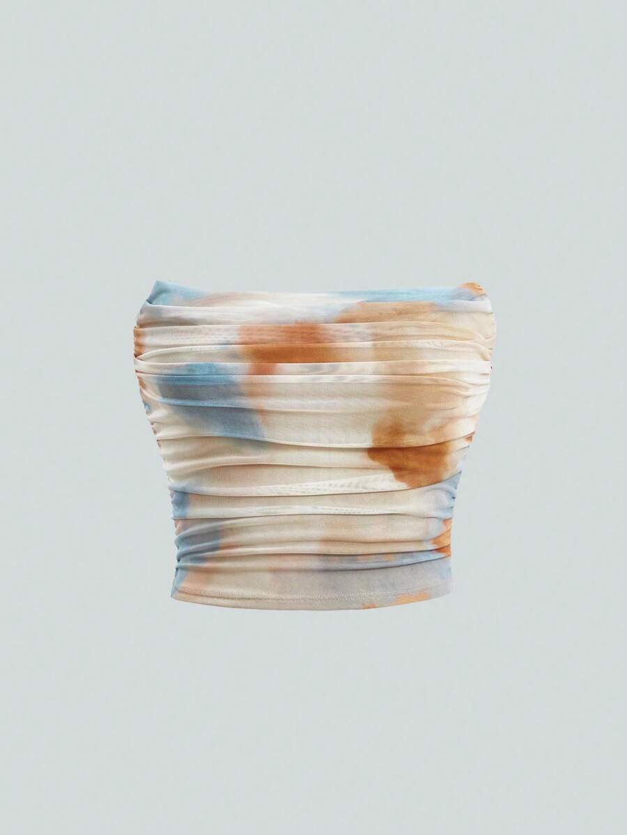 SHEIN Essnce Casual Summer Tanks Tie Dye Ruched Strapless Crop Top White Top Going Out Tops Summer Shirts Summer Fits