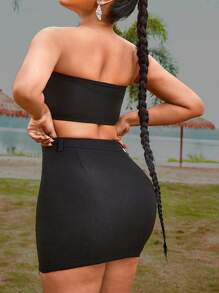 Zolique Women Sexy Split Zipper Strapless Crop Top And Slim Mini Skirt Set For Summer - Black - View 2