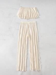 SHEIN Swim Summer Beach 2pcs Lady Casual Ruffle Edged Top And Pants Cover Up Set - Beige - View 5