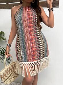 SHEIN VCAY Plus Size Halter Neck Tassel Hem Full-Printed Beach Vacation Summer Boho Dress,Beach Dress Sundress,Holiday Outfits