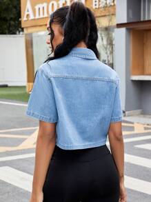 SHEIN ICON Áo sơ mi denim ngắn tay rộng rãi thoải mái dành cho nữ, phù hợp với áo khoác denim mùa hè - Rửa nhẹ - Xem 3