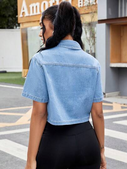 SHEIN ICON Casual Loose Short Sleeve Women's Denim Cropped Shirt, Suitable For Summer Denim Jacket