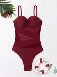 SHEIN Swim Bãi biển mùa hè dành cho nữ Kỳ nghỉ màu trơn Áo tắm một mảnh thời trang đơn giản có dây đeo spaghetti - Màu Đỏ Sâu - Xem 3