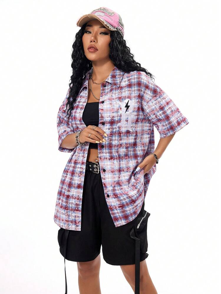 Spring And Summer Casual Washed-Out Plaid Letter Embroidered Short-Sleeved Shirt