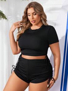Swim SPRTY Plus Size Women Summer Beach Fashion Solid Drawstring Side Tankini Set - Black - View 5