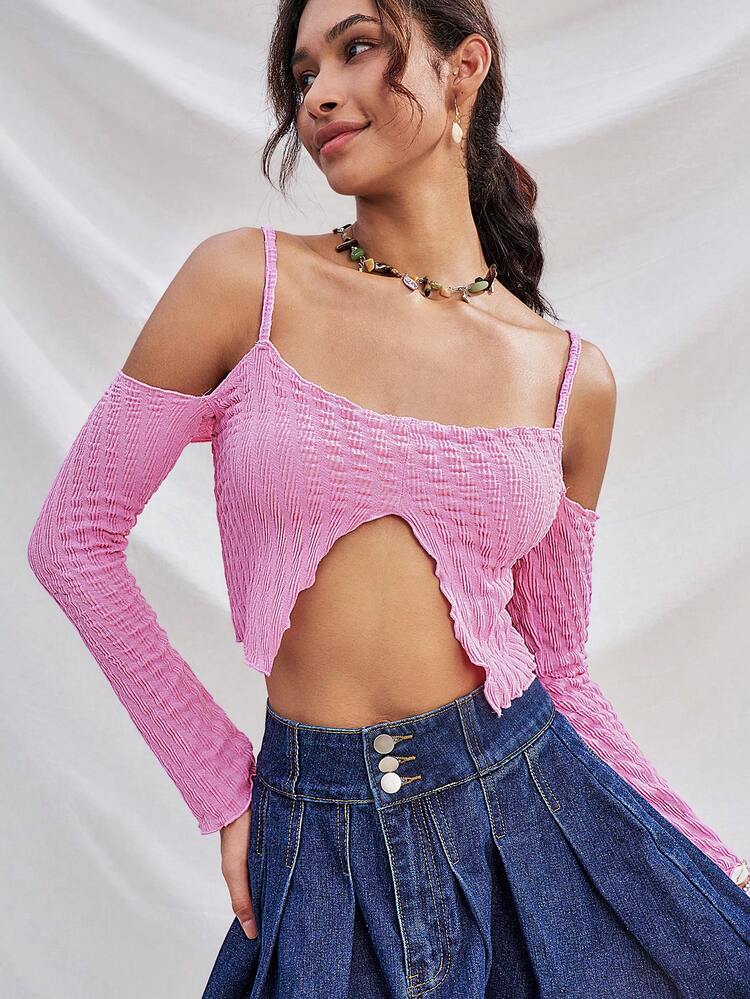 Vacation Knit Texture Elastic Open Shoulder Long Sleeve Tight Casual Top With Front Middle Split And Elastic Bands