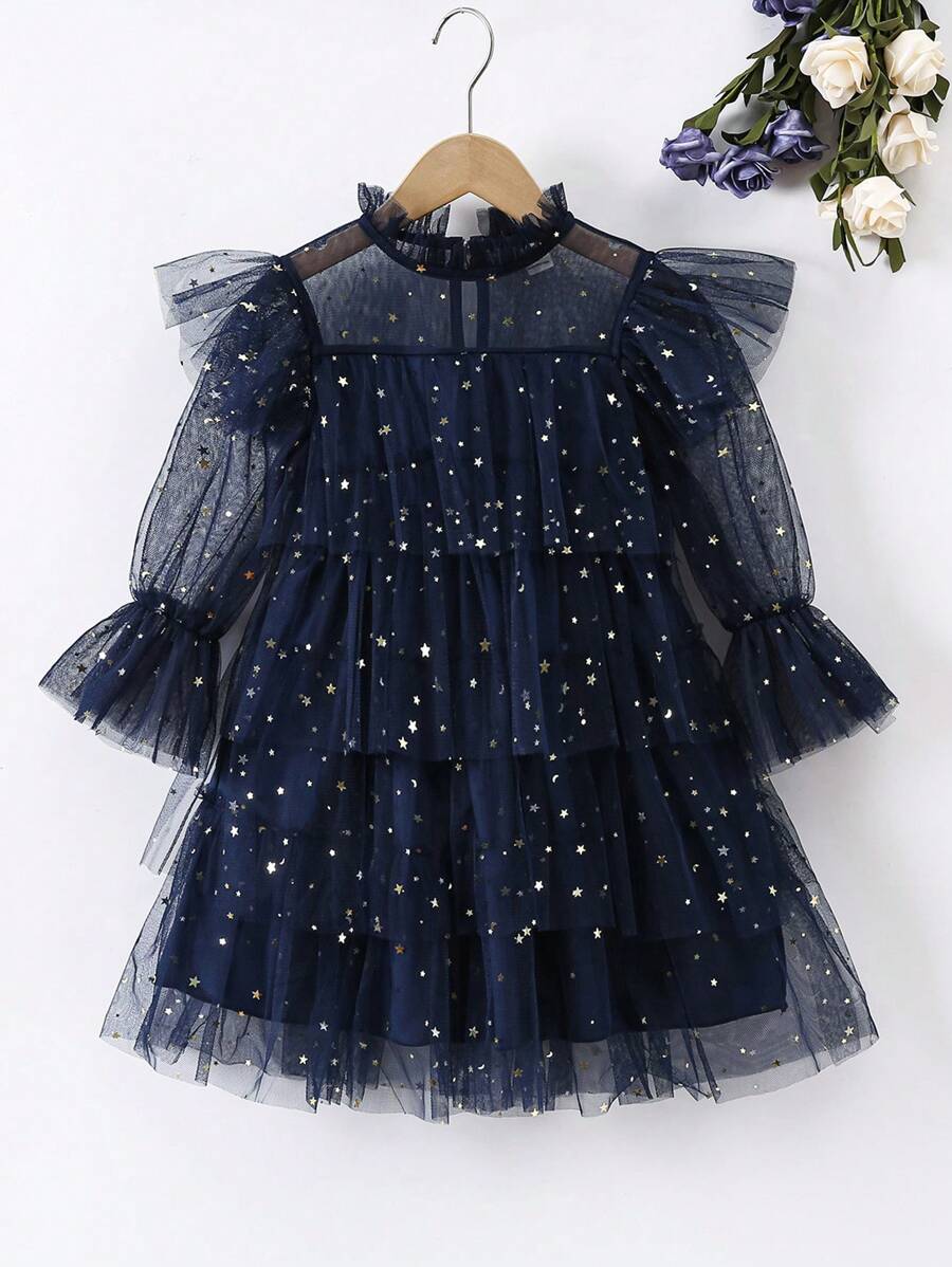 SHEIN Robe à col montant plissé en couches pour jeune fille - Bleu marine - Voir 1