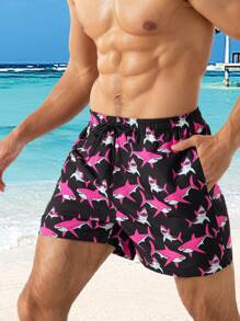 Manfinity Shorts de playa con cordón de cintura, estampado gráfico de tiburón, para hombre, para vacaciones