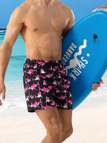 Manfinity Shorts de playa con cordón de cintura, estampado gráfico de tiburón, para hombre, para vacaciones