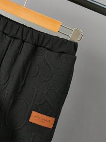 SHEIN 2件套休闲街头风拼接V领短袖T恤和直筒针织裤套装，适合青少年男孩 - 黑色 - 查看 3