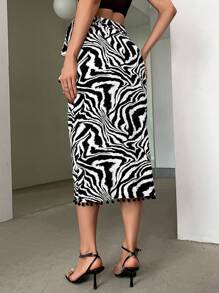 SHEIN Privé Ladies' Elegant Wrap-Around Waist Tie Zebra Printed Asymmetrical Hem Skirt With Pom Pom Detailing, Perfect For Holiday