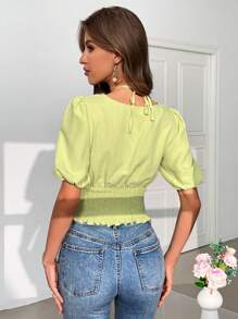 SHEIN Privé Women Fashionable Neck Hanging Frill Edge Shirt - Green - View 2