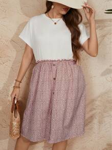 SHEIN LUNE Đầm mùa hè cỡ lớn vừa vặn với tay áo cánh dơi, chấm bi và in hình chắp vá, trang trí nút - Đỏ và trắng - Xem 3