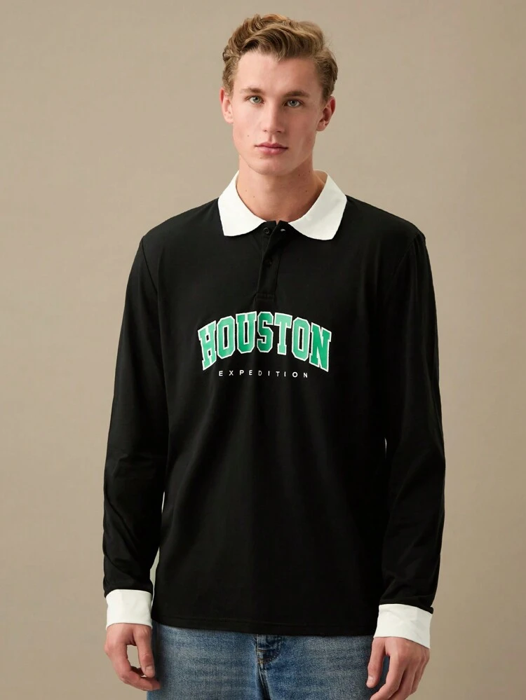 Men Cotton Letter Graphic Contrast Trim Polo Shirt,Back To School