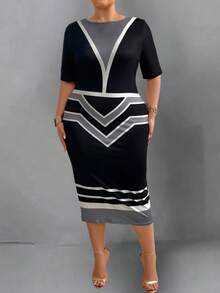 EMERY ROSE 加大尺碼休閒編織拼色修身中長款連衣裙,配有短袖 - 灰色 - 查看 3