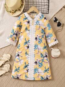 年輕女孩花卉印花蕾絲拼接度假款式連衣裙 - 黃色 - 查看 1