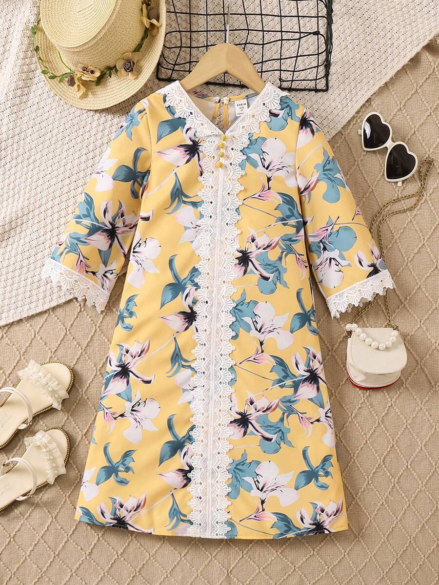 年輕女孩花卉印花蕾絲拼接度假款式連衣裙 - 黃色 - 查看 1