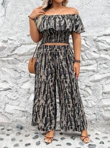 Celure 时尚印花大码女式两件套，含露肩上衣和阔腿裤 - 彩色 - 查看 5