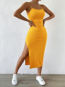 SHEIN Clasi Solid Color Pleated High Split Spaghetti Strap Dress For Summer - Yellow - View 1