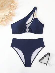 Swim Vcay Asymmetrical Neckline Bikini Set With Metal Circle Decoration, Summer Beach Swimwear - Navy Blue - View 6