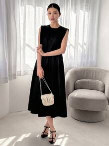 FRIFUL Women Summer Solid Color Round Neck Batwing Sleeves Long Casual Simple Dress Sundress