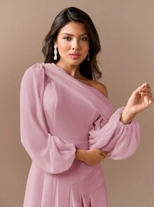 Modelyn 女士純色長袖打褶紋理面料燈籠袖夏季連衣裙 - 粉色 - 查看 3