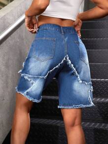 SHEIN ICON Quần short denim thường ngày rộng rãi dành cho nữ có viền sờn và chắp vá - Rửa trung bình - Xem 2