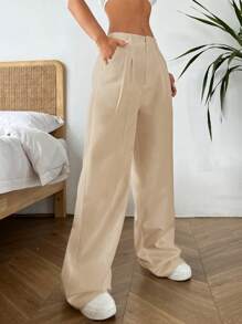 SHEIN EZwear 女性實色打褶鬆身休閒寬腿褲，帶有斜向口袋 - 卡其色 - 查看 5