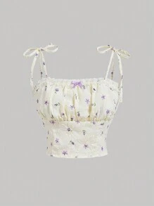 SHEIN MOD 夏季浪漫 3D 刺绣绑带短款上衣 - 白色 - 查看 1