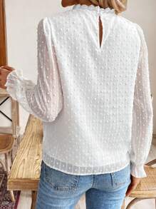 SHEIN Frenchy 瑞士圆点荷叶边袖蕾丝拼布面料贴布衬衫，长袖上衣