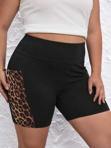 SHEIN CURVE+ 加大尺碼豹紋拼布手機口袋裝飾側短褲 - 黑色 - 查看 5