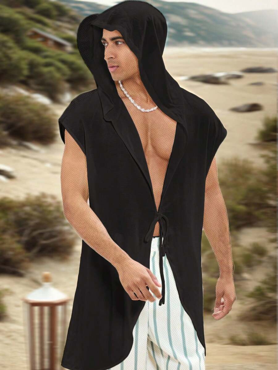 Manfinity BRENVOR Men Festival Clothing Spring Summer Bohemian Music Festival Vacation Woven Casual Hooded Loose Shirt - Black - View 1