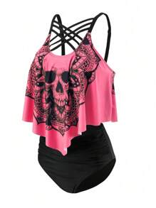 SHEIN Swim Curve Conjunto de tankini de talla grande con estampado de calaveras y mandala para playa de verano, ideal para vacaciones