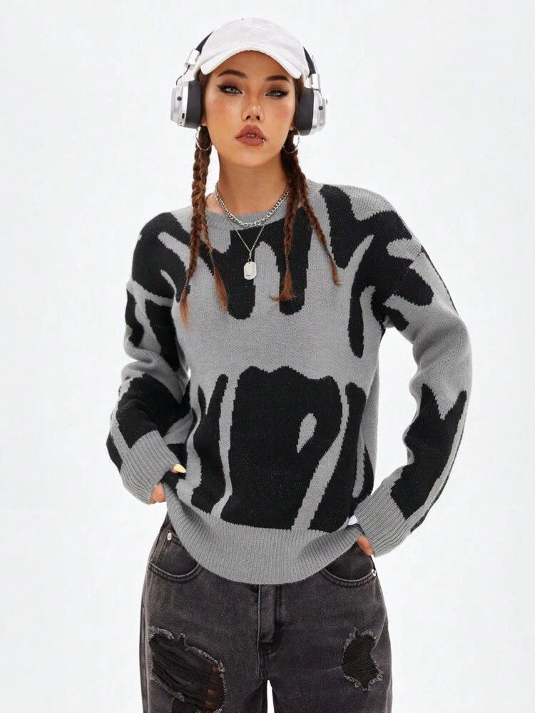 Letter Pattern Drop Shoulder Sweater In Fall/Winter