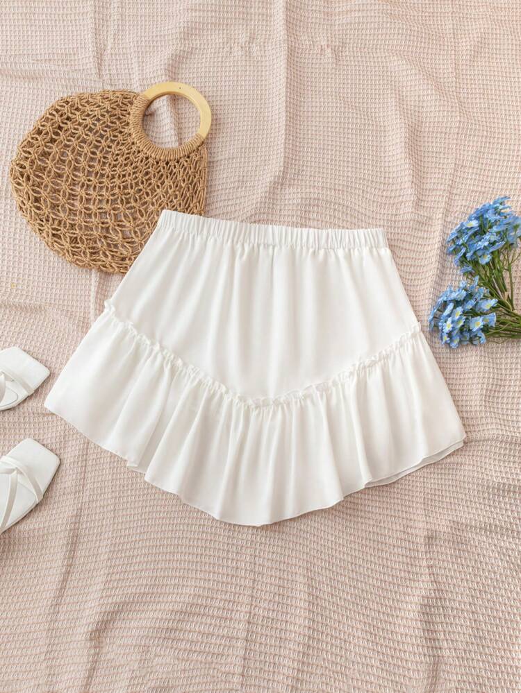 Plus Size White Frill Trim Ruffle Trim Hem Summer Casual Holiday Skirt Beach Essentials Hawaiian SunSkirt Short White Skirt SunSkirt Casual Skirt Summer Women Skirtes Summer Skirt Clothes Beach Stuff Ruched Summer Bottoms Cute Summer Skirtes SunSkirt Short Short Summer Skirt White Skirt Funny Picnic Beach Skirt