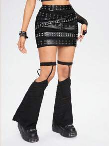 ROMWE Grunge Punk 女性鑲釘腰帶修身迷你裙 - 黑色 - 查看 4