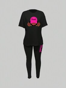SHEIN VaVaLuxe Women Casual Round Neck Short Sleeve T-Shirt And Leggings Set With Character Print For Daily Wear In Spring And Summer
