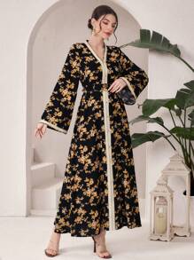 Al Najma V領花卉印花腰帶阿拉伯長裙 - 彩色 - 查看 6